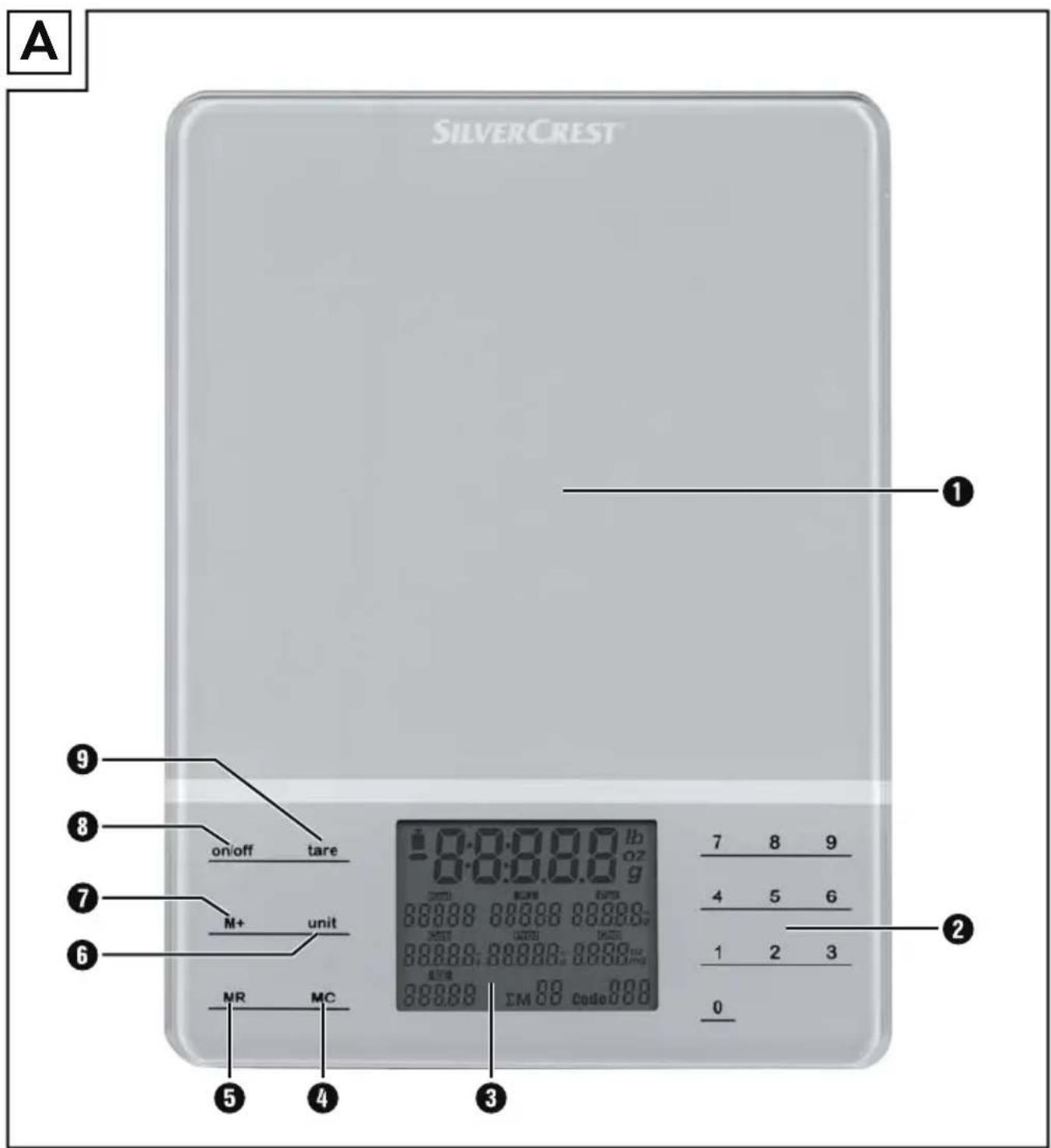 SILVERCREST ① ⑨ ⑧ on/off tare ⑦ M+ unit ⑥ NR MC ⑤ ④ ③ 0.0:0.0.0 lb 0.0:0.0.0 g 120000000000000000000000000000000000000000000000000000000000000000000000000000000000000000000 7 8 9 4 5 6 1 2 3 0