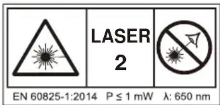 LASER 2 EN 60825-1:2014 P ≤ 1 mW λ: 650 nm
