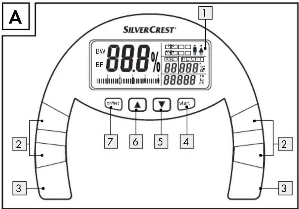 A SILVERCREST® BW 88.8% BF 12ft □□ 50ft □□ AGE HEIGHT 88 888 1/2 cm 88 888 8 Lb kg stib on/set ↑ ↓ → start 7 6 5 4 2 3