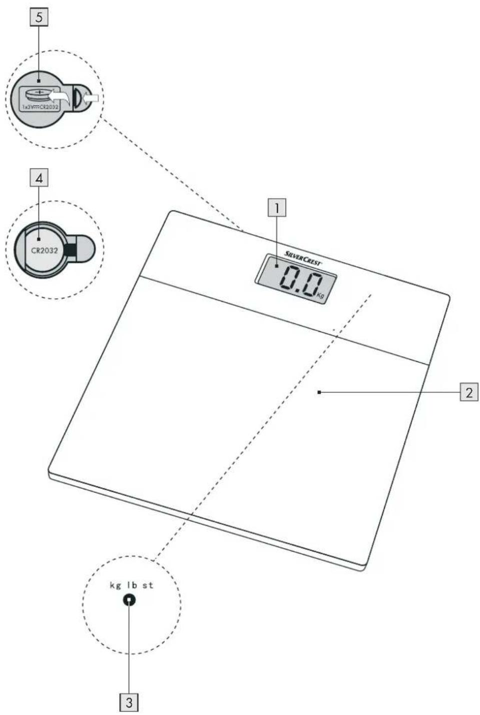 5 1x3V=CR2032 4 CR2032 1 SILVERCREST 0.0 Kg 2 kg lb st 3