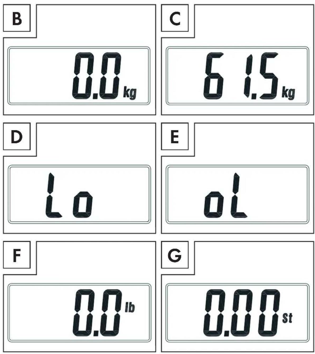 B 0.0 kg C 6.15 kg D lo E ol F 0.0 lb G 0.00 st