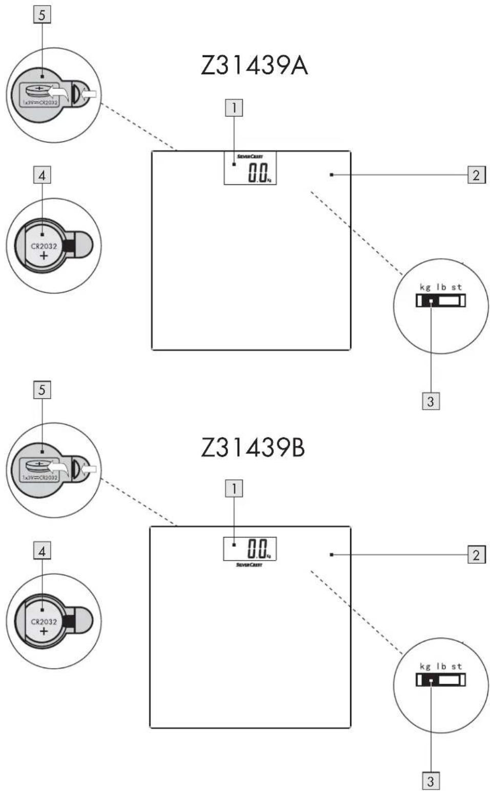 Z31439A 1 SHEVERCREET 0.0 k 2 kg lb st 3 5 Z31439B 1 SHEVERCREET 2 4 CR2032 CR2032 kg lb st 3