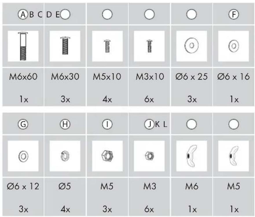 A B C D E O M6x60 1x G Ø6 x 12 3x D E O M6x30 3x H Ø5 4x M5 3x I M5x10 4x M3x10 6x J K L M3 6x Ø6 x 25 3x Ø6 x 16 1x O O O O J K L O O O M6 1x M5 1x