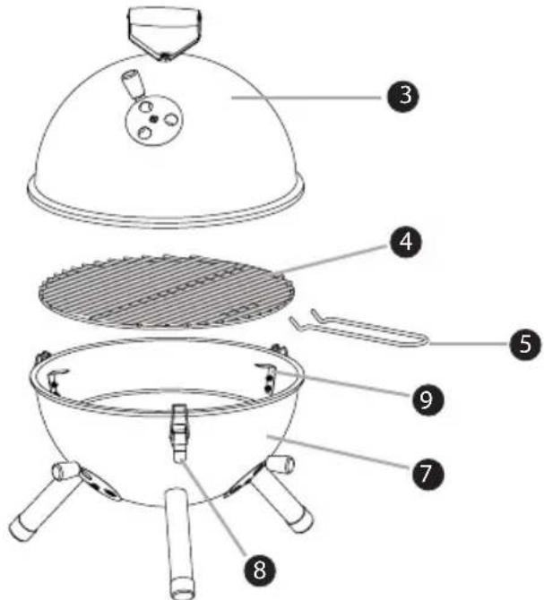 Labeled diagram of a portable stove or cooktop with numbered parts for identification.