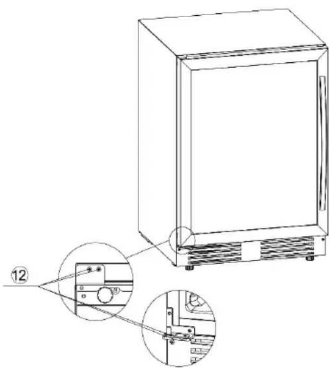 Technical diagram of a refrigerator with labeled parts and zoomed-in detail view