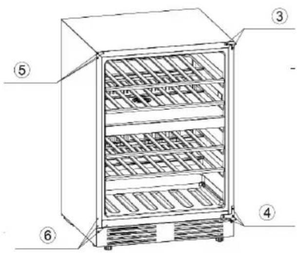 Technical diagram of a multi-level refrigerator with numbered labels pointing to different compartments.