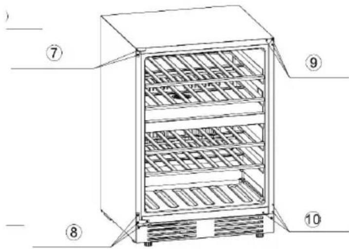 Technical diagram of a refrigerator with numbered components for identification