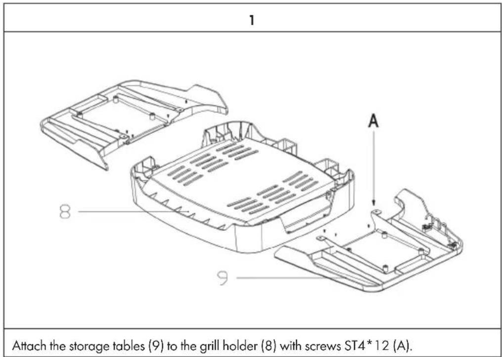 1 Attach the storage tables (9) to the grill holder (8) with screws ST4*12 (A).