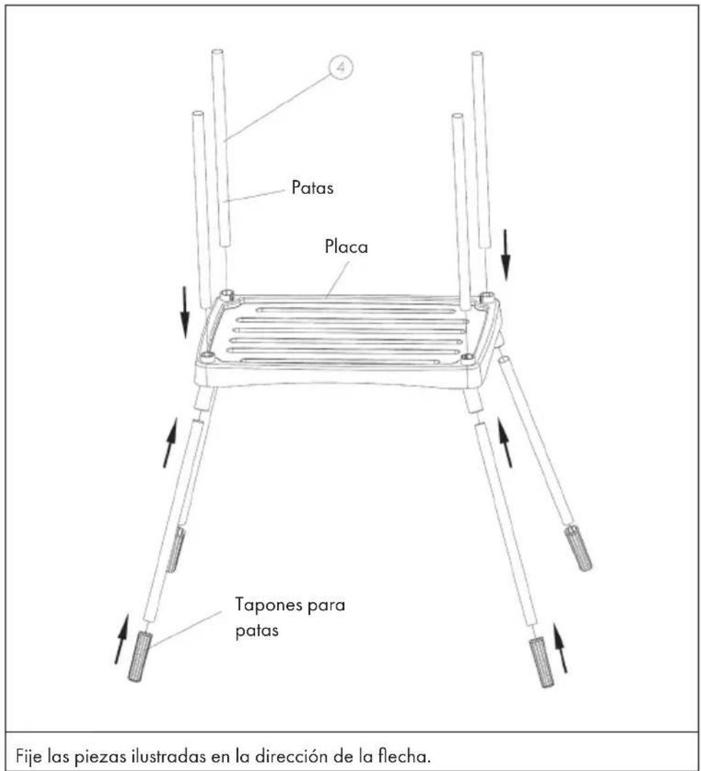 4 Patas Placa Tapones para patas Fije las piezas ilustradas en la dirección de la flecha.