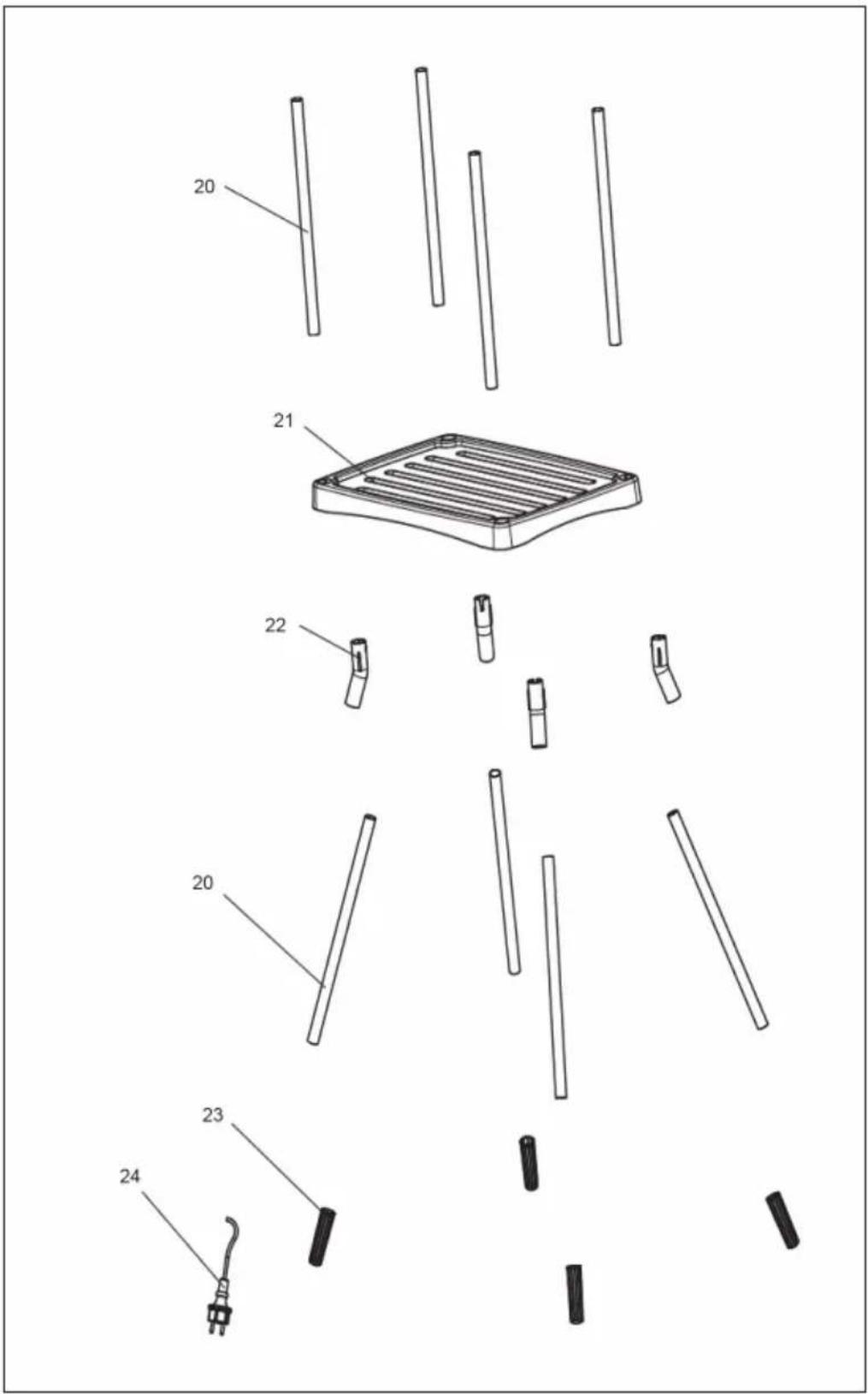 Technical diagram showing exploded view of a device with labeled parts including a tray, connectors, and plug.