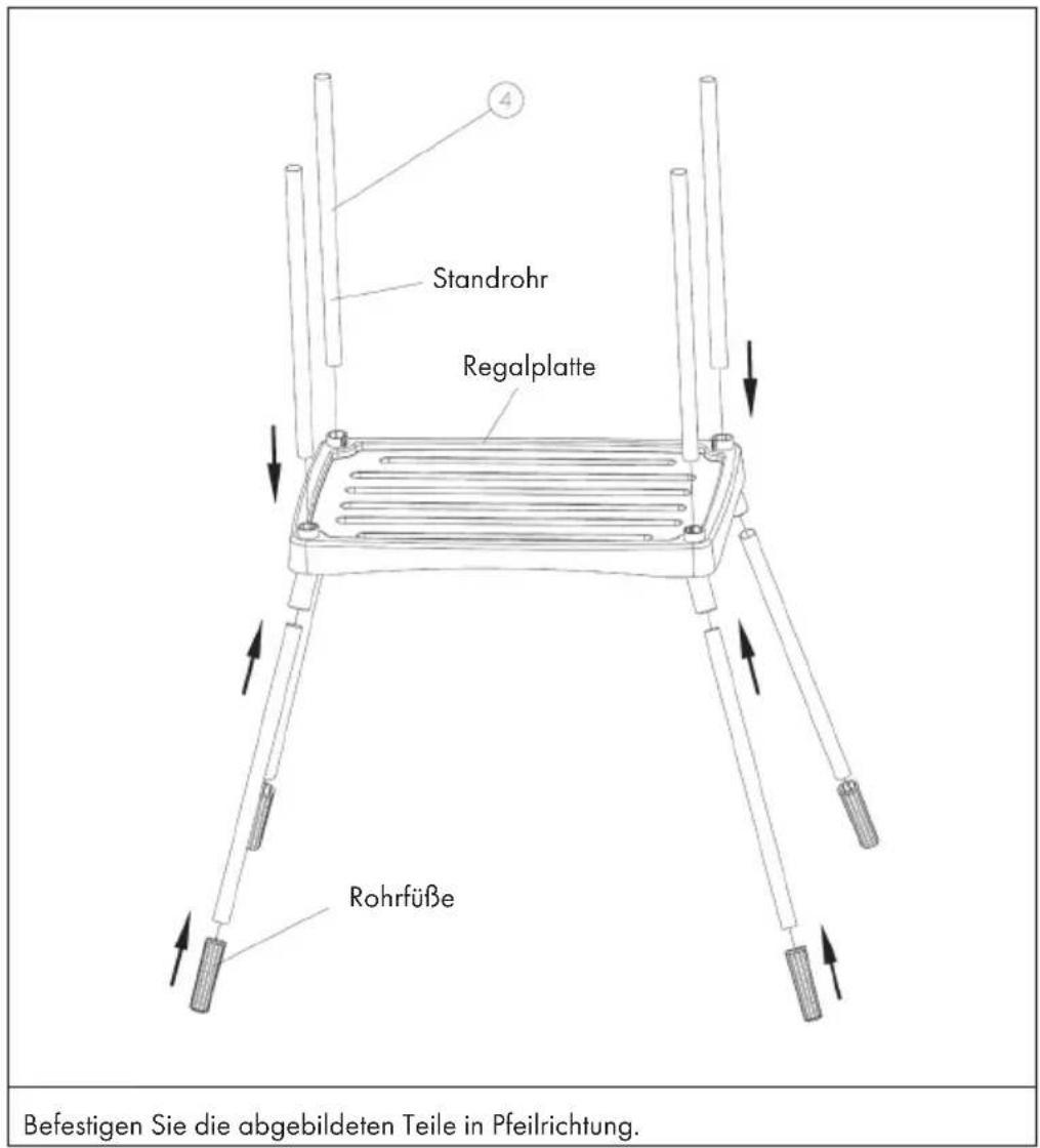 Standrohr Regalplatte Rohrfüße Befestigen Sie die abgebildeten Teile in Pfeilrichtung.