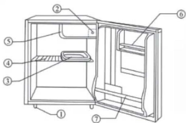 Labeled diagram of an open refrigerator interior showing numbered components for identification.
