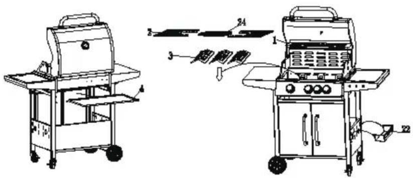 Technical diagram of a two-wheeled grill with labeled components and parts in Chinese