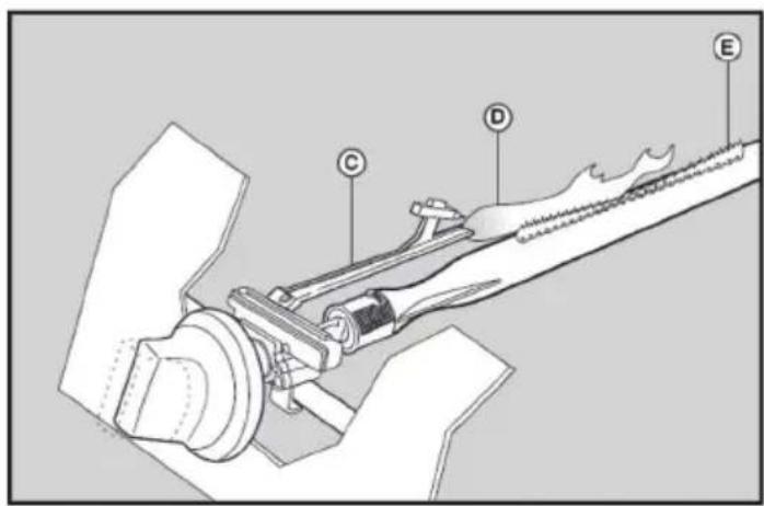 Technical diagram of a mechanical assembly with labeled components A, B, C, D, and E