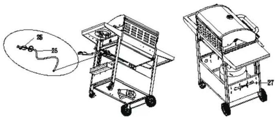 Technical diagram of a mechanical device with labeled parts and an inset showing a pipe connection detail.