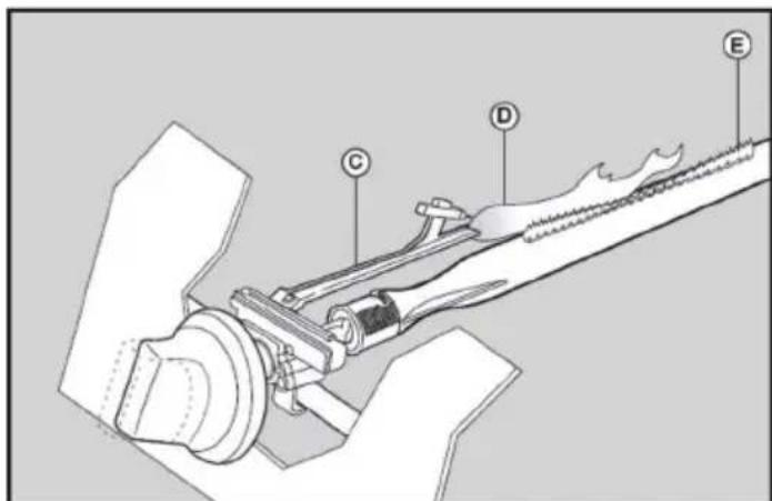 Technical diagram of a mechanical assembly with labeled components A, B, C, D, and E