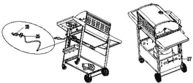 Technical diagram of a two-wheeled cart with labeled parts and an inset showing a mechanical component with dimension annotations.