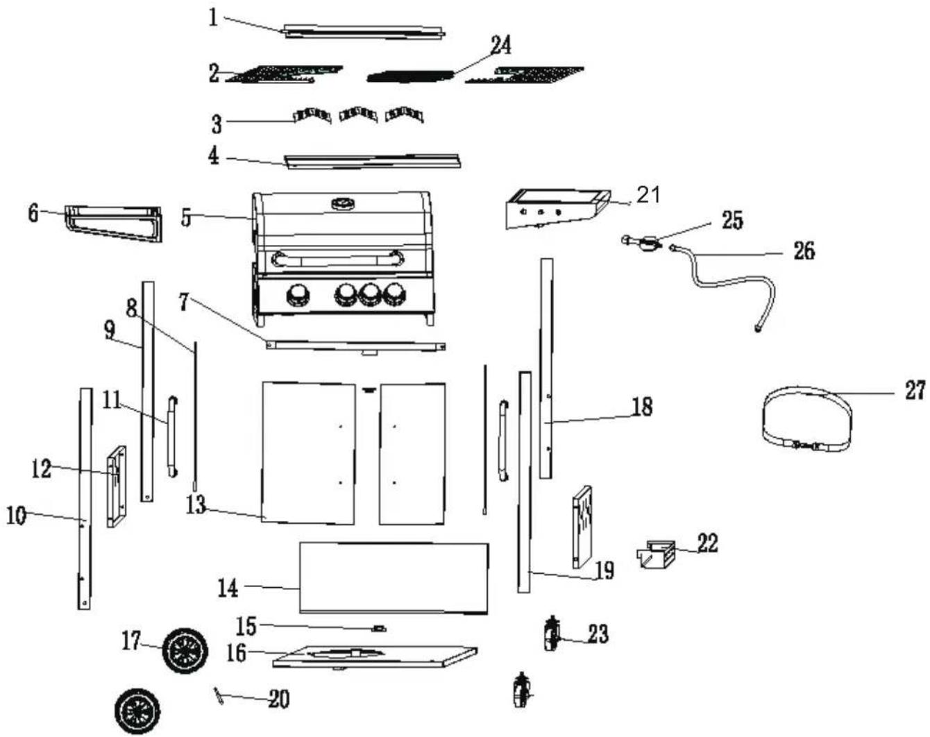 Exploded view diagram of a refrigerator with numbered parts for identification