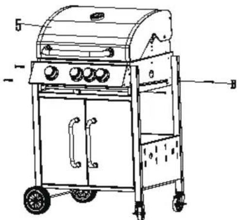 Technical line drawing of a portable gas stove with labeled components