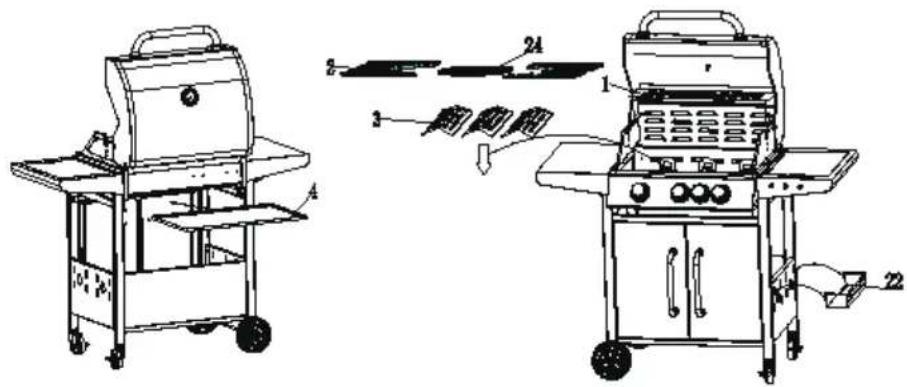 Technical diagram of a two-wheeled grill with labeled components and exploded view