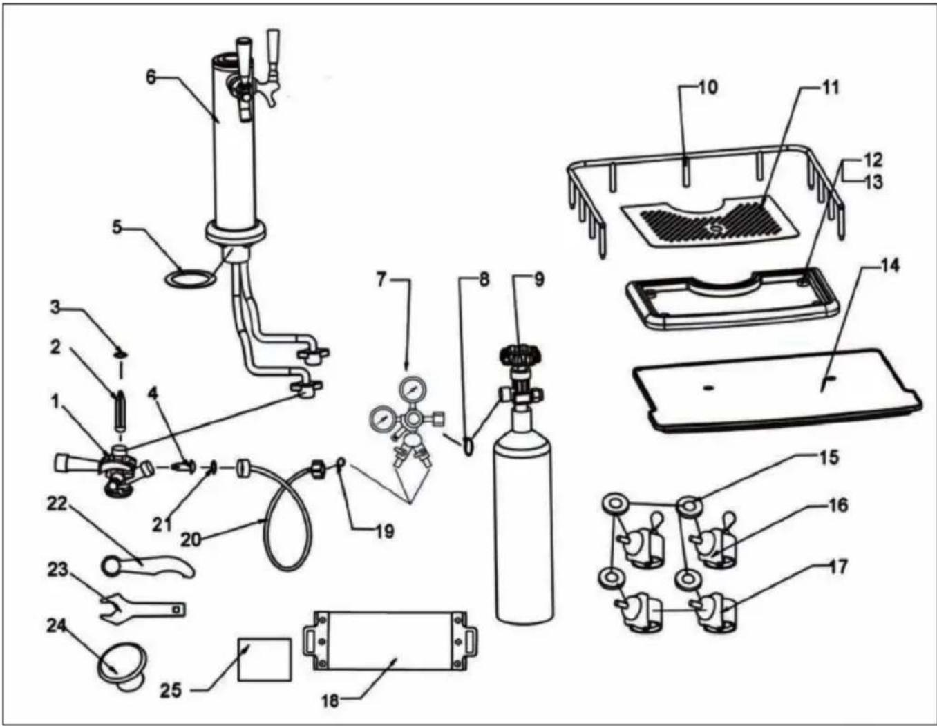Exploded view diagram of a gas cylinder assembly with numbered parts for identification