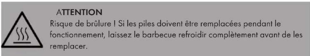 ATTENTION Risque de brûlure ! Si les piles doivent être remplacées pendant le fonctionnement, laissez le barbecue refroidir complètement avant de les remplacer.