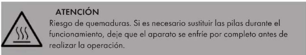 ATENCIÓN Riesgo de quemaduras. Si es necesario sustituir las pilas durante el funcionamiento, deje que el aparato se enfríe por completo antes de realizar la operación.