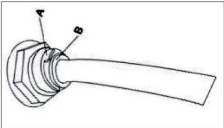 Technical diagram of a mechanical component with labeled parts A and B