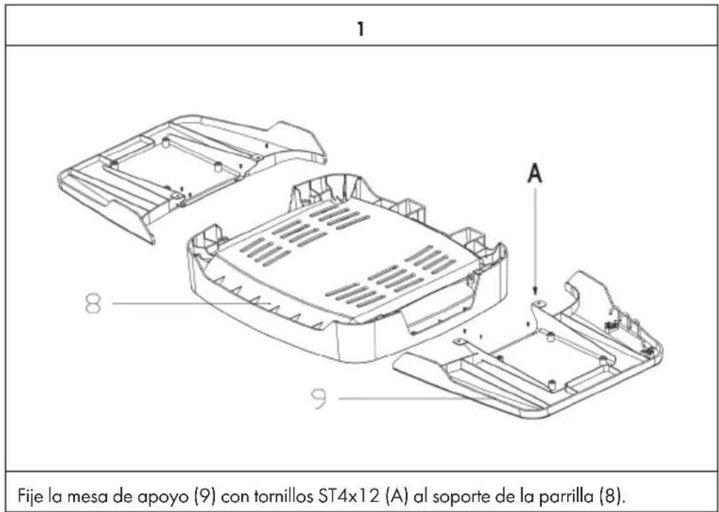 1 Fije la mesa de apoyo (9) con tornillos ST4x12 (A) al soporte de la parrilla (8).