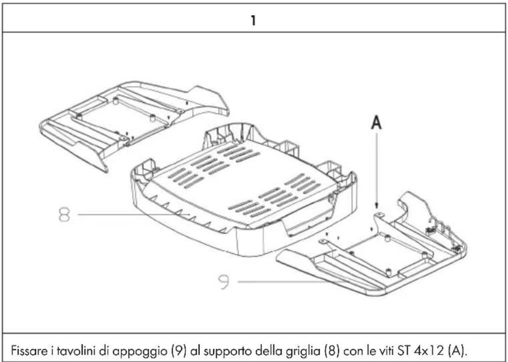 1 Fissare i tavolini di appoggio (9) al supporto della griglia (8) con le viti ST 4x12 (A).