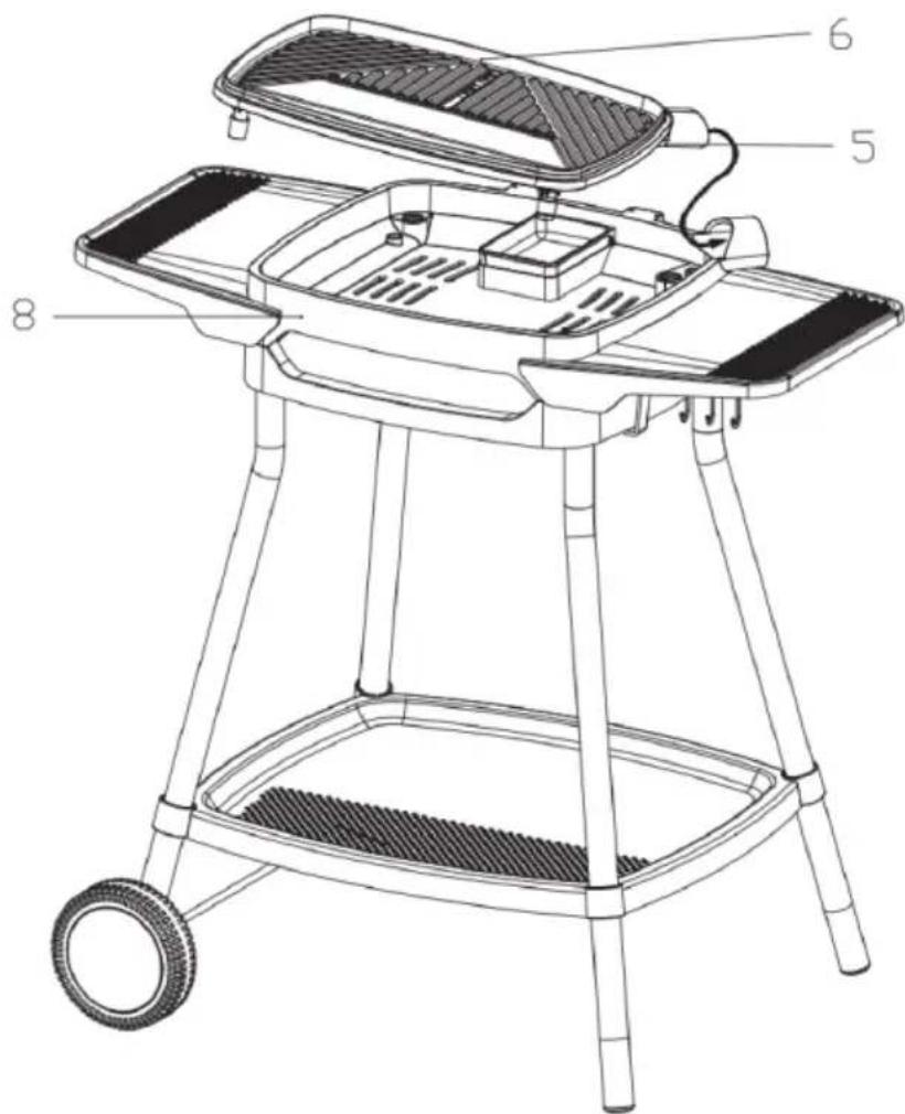 Technical diagram of a portable grill with labeled parts including top, front, side, and wheels
