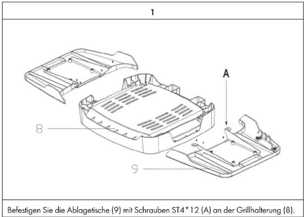 1 Befestigen Sie die Ablagetische (9) mit Schrauben ST4*12 (A) an der Grillhalterung (8).