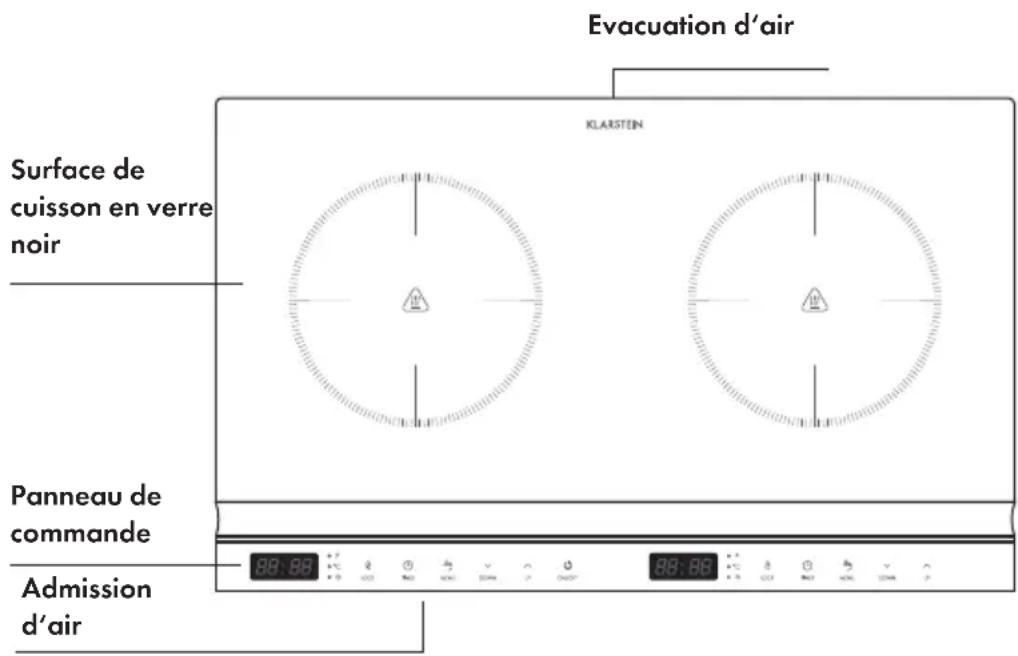Evacuation d'air KLARSTEN Surface de cuisson en verre noir Panneau de commande Admission d'air