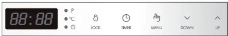 88:88 ● P ● °C ● ⏻ LOCK TIMER MENU DOWN ↑