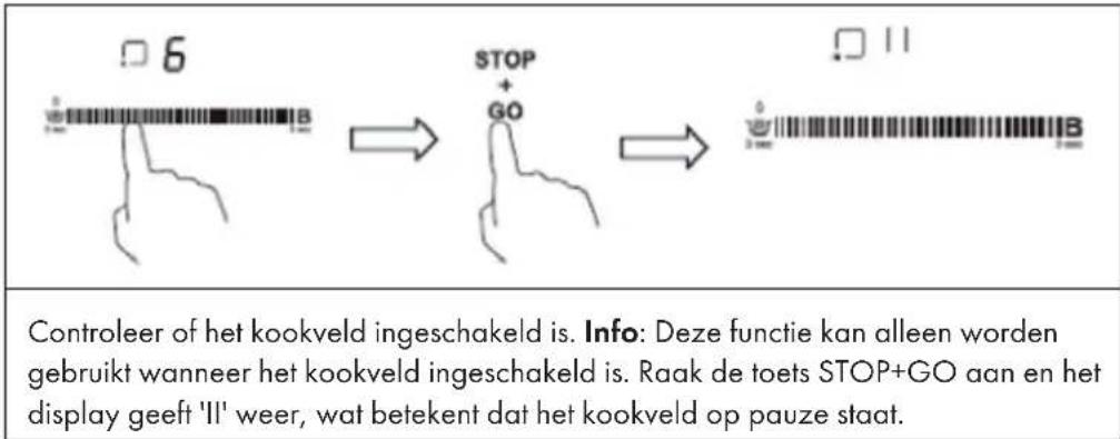 6 STOP + GO II Controleer of het kookveld ingeschakeld is. Info: Deze functie kan alleen worden gebruikt wanneer het kookveld ingeschakeld is. Raak de toets STOP+GO aan en het display geeft 'II' weer, wat betekent dat het kookveld op pauze staat.