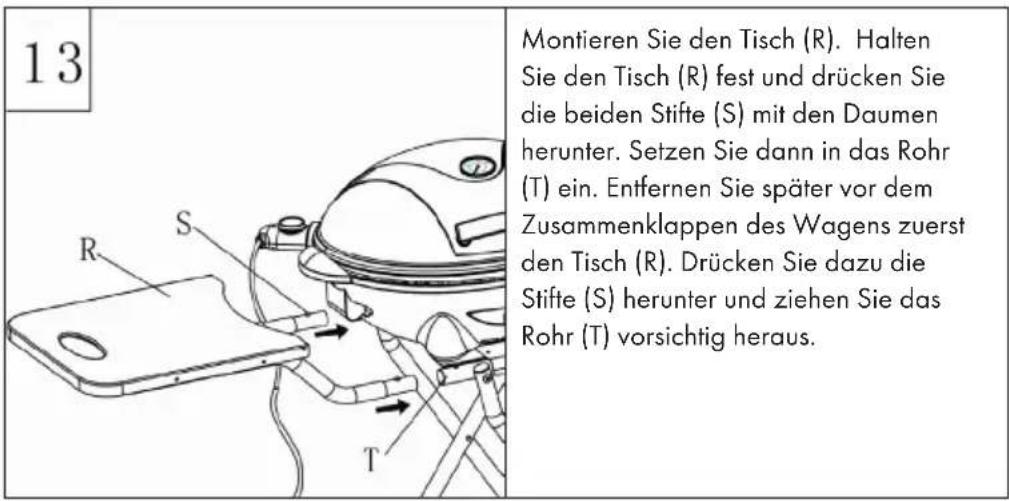 13 Montieren Sie den Tisch (R). Halten Sie den Tisch (R) fest und drücken Sie die beiden Stifte (S) mit den Daumen herunter. Setzen Sie dann in das Rohr (T) ein. Entfernen Sie später vor dem Zusammenklappen des Wagens zuerst den Tisch (R). Drücken Sie dazu die Stifte (S) herunter und ziehen Sie das Rohr (T) vorsichtig heraus.
