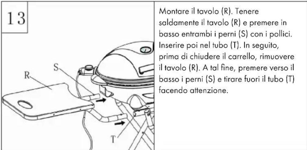 13 Montare il tavolo (R). Tenere saldamente il tavolo (R) e premere in basso entrambi i perni (S) con i pollici. Inserire poi nel tubo (T). In seguito, prima di chiudere il carrello, rimuovere il tavolo (R). A tal fine, premere verso il basso i perni (S) e tirare fuori il tubo (T) facendo attenzione.