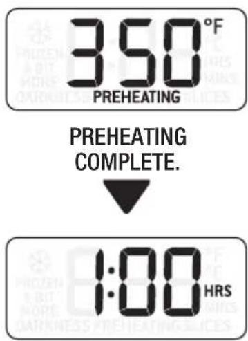 350°F PREHEATING PREHEATING COMPLETE. ↓ 1:00 HRS
