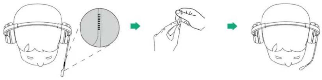 Illustration showing a person wearing headphones with a head circumference adjustment, before and after using a tool to adjust the head.