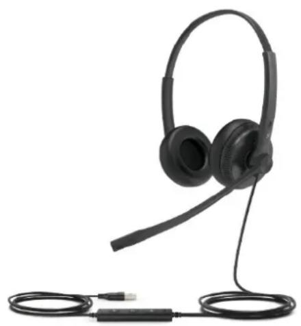 Black headset with earbuds and attached cable, isolated on white background (no text or symbols)