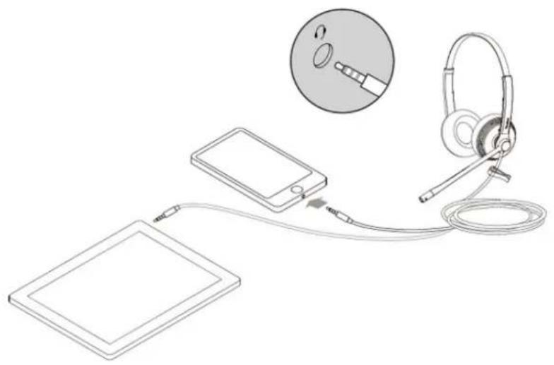 Line drawing of a portable electronic device connected to a smartphone and earphone, with an inset showing a CD or DVD disc (no text or symbols present)