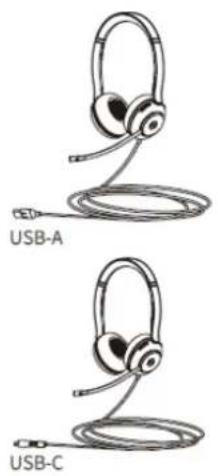 Line drawings of two USB headsets labeled USB-A and USB-C, shown from different angles (no text or symbols on the devices themselves)