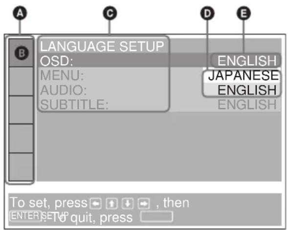 LANGUAGE SETUP OSD: MENU: AUDIO: SUBTITLE: ENGLISH JAPANESE ENGLISH To set, press → ↑ ↓ → , then ENTER SETUP To quit, press