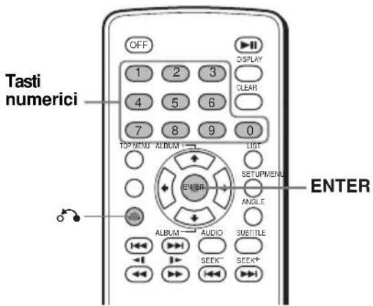 Tasti numerici OFF 1 2 3 DISPLAY CLEAR 7 8 9 0 TOP MENU ALBUM LIST EVENT SETUPMENU ANGLE ALBUM AUDIO SUBTITLE SEEK SEEK+ ENTER
