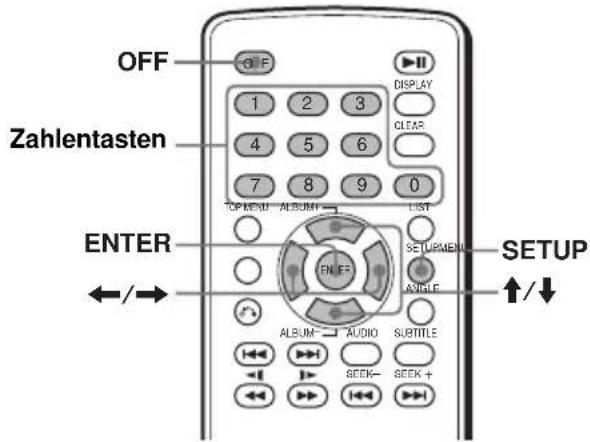 OFF Zahlentasten ENTER SETUP ↑/↓ OFF 1 2 3 4 5 6 7 8 9 0 ON/OU ALBUM LIST SETUMEN ANGLE ALBUM AUDIO SUBTITLE SEEK SEEK + SETUP