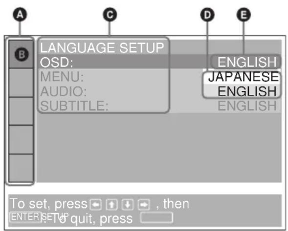 LANGUAGE SETUP OSD: MENU: AUDIO: SUBTITLE: ENGLISH JAPANESE ENGLISH ENGLISH To set, press → ↑ ↓ → , then ENTER SETUP To quit, press