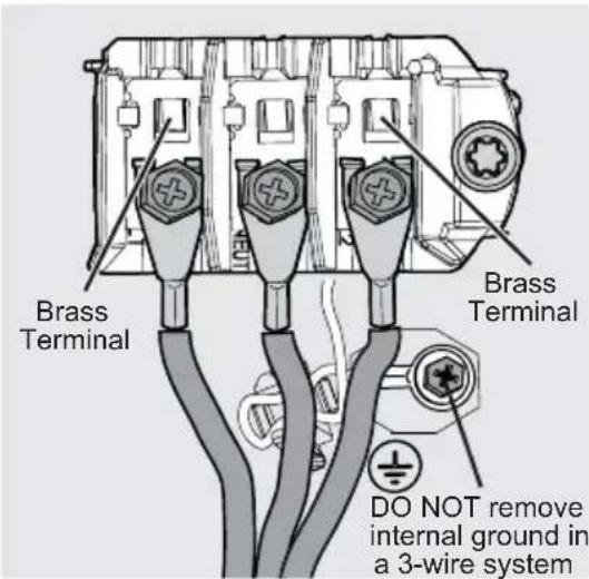 Brass Terminal Brass Terminal DO NOT remove internal ground in a 3-wire system