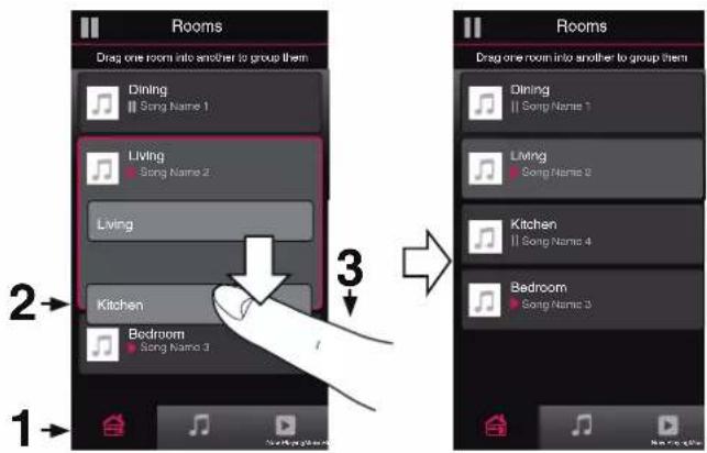 Rooms Drag one room into another to group them Dining Song Name 1 Living Song Name 2 Living Kitchen Bedroom Song Name 3 Rooms Drag one room into another to group them Dining Song Name 1 LMing Song Name 2 Kitchen Song Name 4 Bedroom Song Name 3