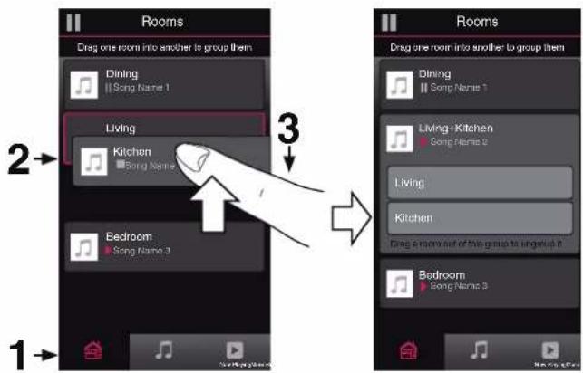 Rooms Drag one room into another to group them Dining ||Song Name 1 Living Kitchen ||Song Name Bedroom Song Name 3 1 2 3 Rooms Drag one room into another to group them Dining ||Song Name 1 Living+Kitchen Song Name 2 Living Kitchen Drag a room out of this group to group it Bedroom Song Name 3