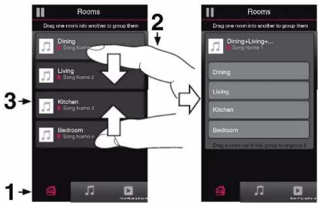 Rooms Drag one room into another to group them Dining Song Name 1 Living Song Name 2 Kitchen Song Name 3 Bedroom Song Name 4 Rooms Drag one room into another to group them Dining+Living+... Song Name 1 Dining Living Kitchen Bedroom Drag a room out of this group to singout it